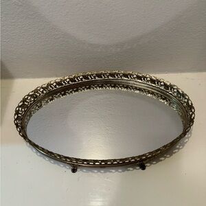 Vintage Small Ormolu Ornate Gold Filigree Mirrored Oval Vanity Tray